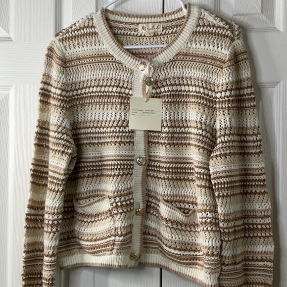 Marled Cream and Brown Striped Knit Cardigan with Front Pockets Size L - Picture 3 of 11